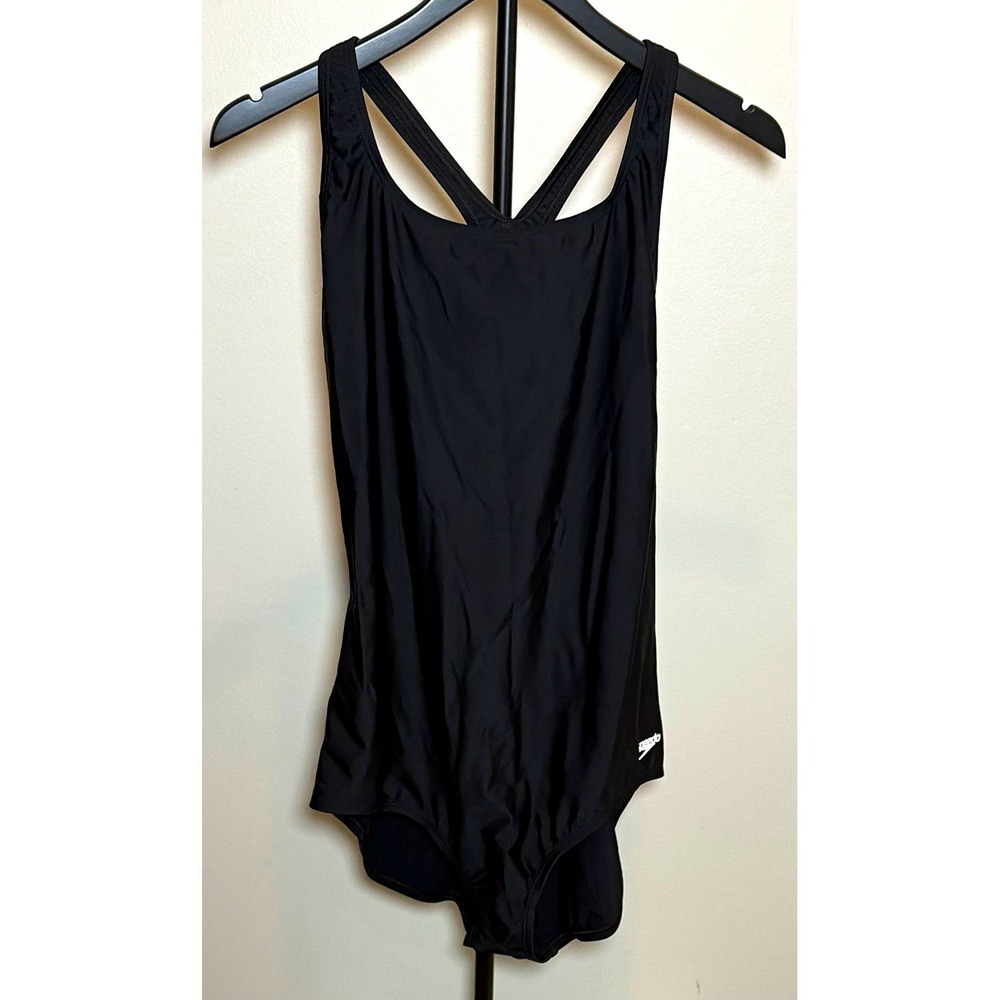 Speedo Women's  UPF 50+ Black Solid One Piece Swimsuit, Size 16 NWT Ultraback